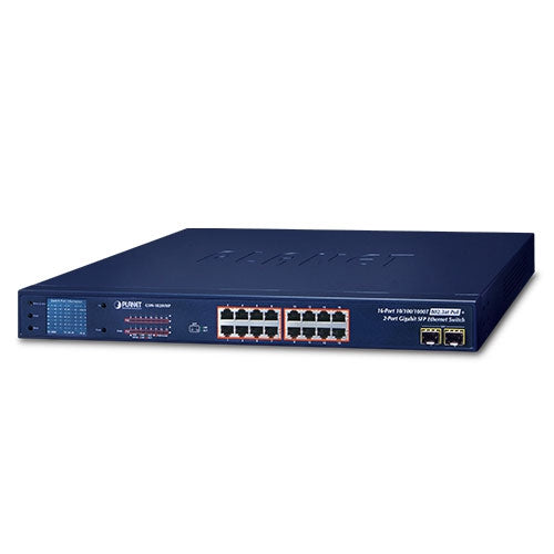 Planet 16-Port Gigabit 802.3at PoE + 2-Port Gigabit SFP Ethernet Switch with LCD PoE Monitor