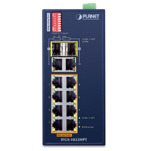 Planet IFGS-1022HPT Industrial 8-Port 802.3at PoE+ 2-Port Gigabit TP/SFP Ethernet Switch