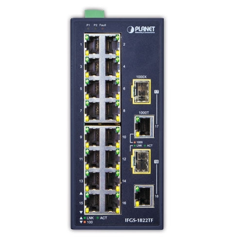 Planet IFGS-1822TF Industrial 16-Port 10/100TX + 2-Port SFP Ethernet Switch 