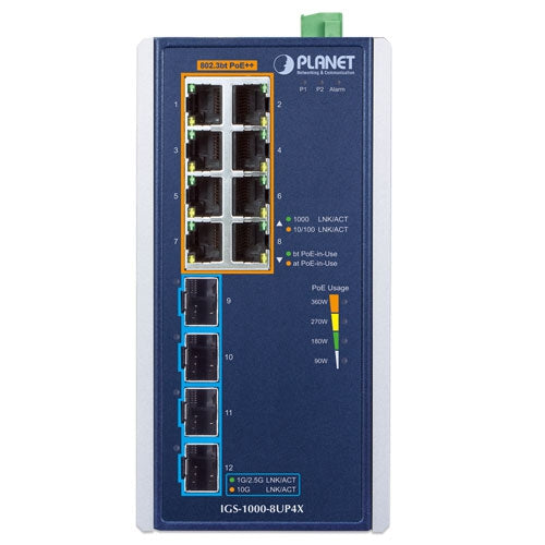 Planet IGS-1000-8UP4X Industrial 8-Port 10/100/1000T 802.3bt PoE + 4-Port 10G SFP+ Ethernet Switch