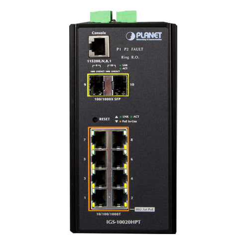 Planet IGS-10020HPT Industrial 8-Port 802.3at PoE + 2-Port SFP Managed Switch