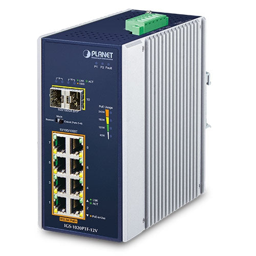 Planet Industrial 8-Port 802.3at PoE + 2-Port SFP Gigabit Ethernet Switch 