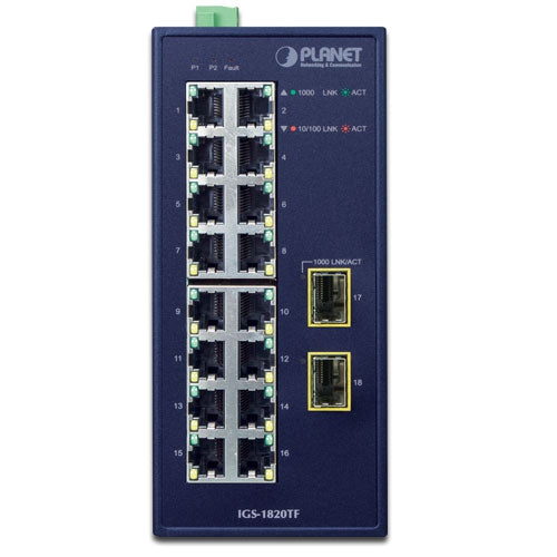 Planet Industrial 16-Port 10/100/1000T + 2-Port 1000X SFP Ethernet Switch
