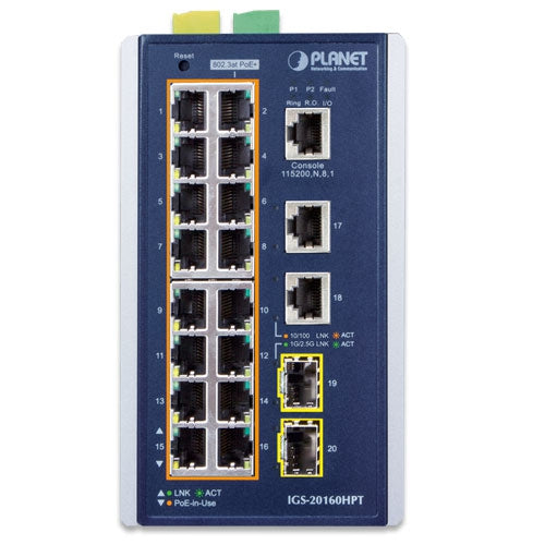 Planet IGS-20160HPT IP30 Industrial L2+/L4 16-Port 802.3at PoE+ 4+  SFP Full Managed Switch