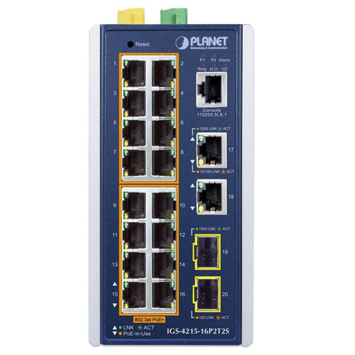 Planet Industrial 16-Port 802.3at PoE+, 2-Port 100/1000X SFP Managed Ethernet Switch