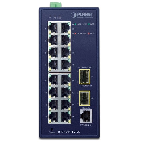 Planet Industrial L2/L4 16-Port 10/100/1000T + 2-Port 100/1000X SFP Managed