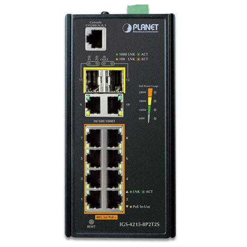 Planet IGS-4215-8P2T2S IP30 Industrial L2/L4 8-Port Gigabit 802.3at PoE + 2-Port 10/100/1000T + 2-Port SFP Managed Switch