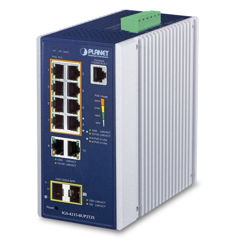 Planet Industrial 8-Port Gigabit 802.3bt PoE + 2-Port RJ45 + 2-Port SFP Managed Switch