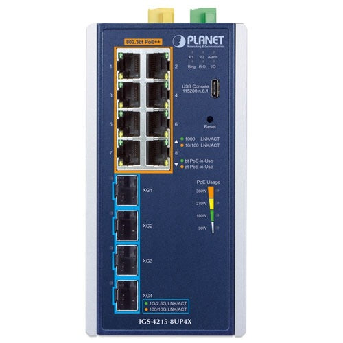 Planet Industrial L2/L4 8-Port 802.3bt PoE + 4-Port 10G SFP+ Managed Ethernet Switch
