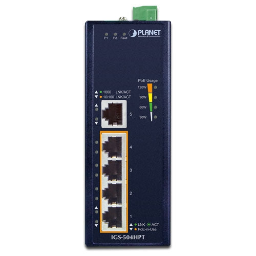 Planet IGS-504HPT Industrial 5-Port Gigabit Switch 4-Port 802.3at PoE+