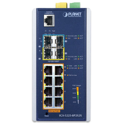 Planet Industrial 8-Port 1000T 802.3at PoE+ 2-port SFP & 2-port 10G SFP+ Managed Switch
