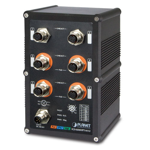 Planet IGS-604HPT-M12 IP67-rated Industrial L2+ 4-Port 10/100/1000T M12 802.3at PoE + 2-Port 10/100/1000T M12 Managed Ethernet Switch