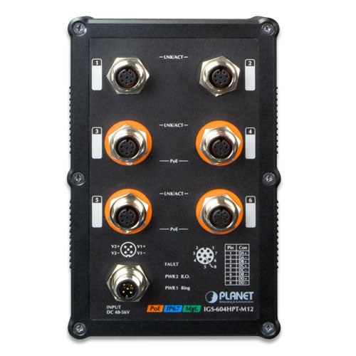 Planet IGS-604HPT-M12 IP67-rated Industrial L2+ 4-Port 10/100/1000T M12 802.3at PoE + 2-Port 10/100/1000T M12 Managed Ethernet Switch