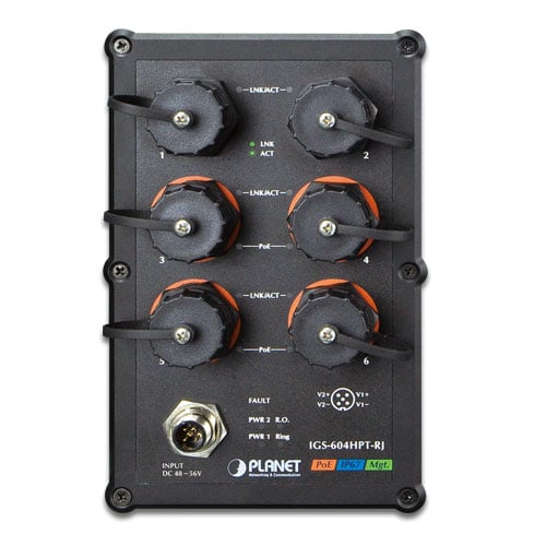 Planet IGS-604HPT-RJ Industrial 4-Port 10/100/1000T 802.3at PoE + 2-Port 10/100/1000T Managed Ethernet Switch, 6 x waterproof RJ45 connectors included