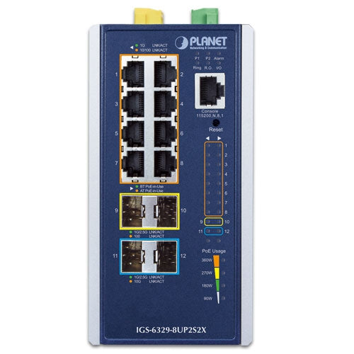 Planet Industrial L3 8-Port 802.3bt PoE 2-Port 2.5G SFP 2x10G SFP+ Managed Ethernet Switch