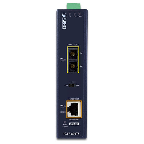 Planet 1000BASE-SX to RJ45 802.3at PoE+ Industrial Media Converter (SC,MM) 10km