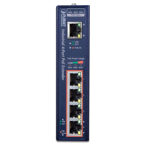 Planet IPOE-E174 IP30 Industrial 1-Port 60W Ultra POE to 4-Port 802.3af/at Gigabit POE Extender (-40 to 75 C)