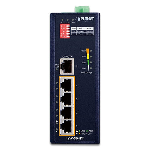 Planet Industrial 5-Port 10/100TX Ethernet Switch with 4-Port 802.3at PoE+