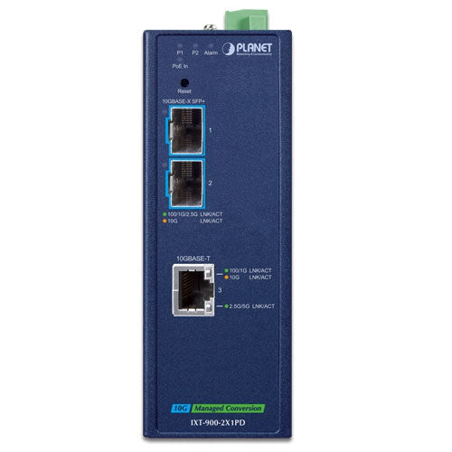 Planet IXT-900-2X1PD Industrial 2-Port 10GBASE-X SFP+ + 1-Port 10GBASE-T PoE PD Managed Media Converter