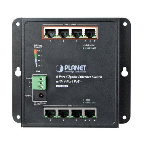 Planet WGS-804HP IP30 8-Port Gigabit Wall-mount Switch 4-Port 802.3AT POE+ (-20 to 60 C), dual redundant power 48-56V DC