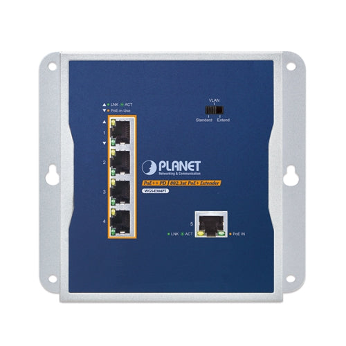 Planet WGS-E304PT Industrial 1-Port 802.3bt PoE++ to 4-Port 802.3at PoE+ Wall-mounted Extender