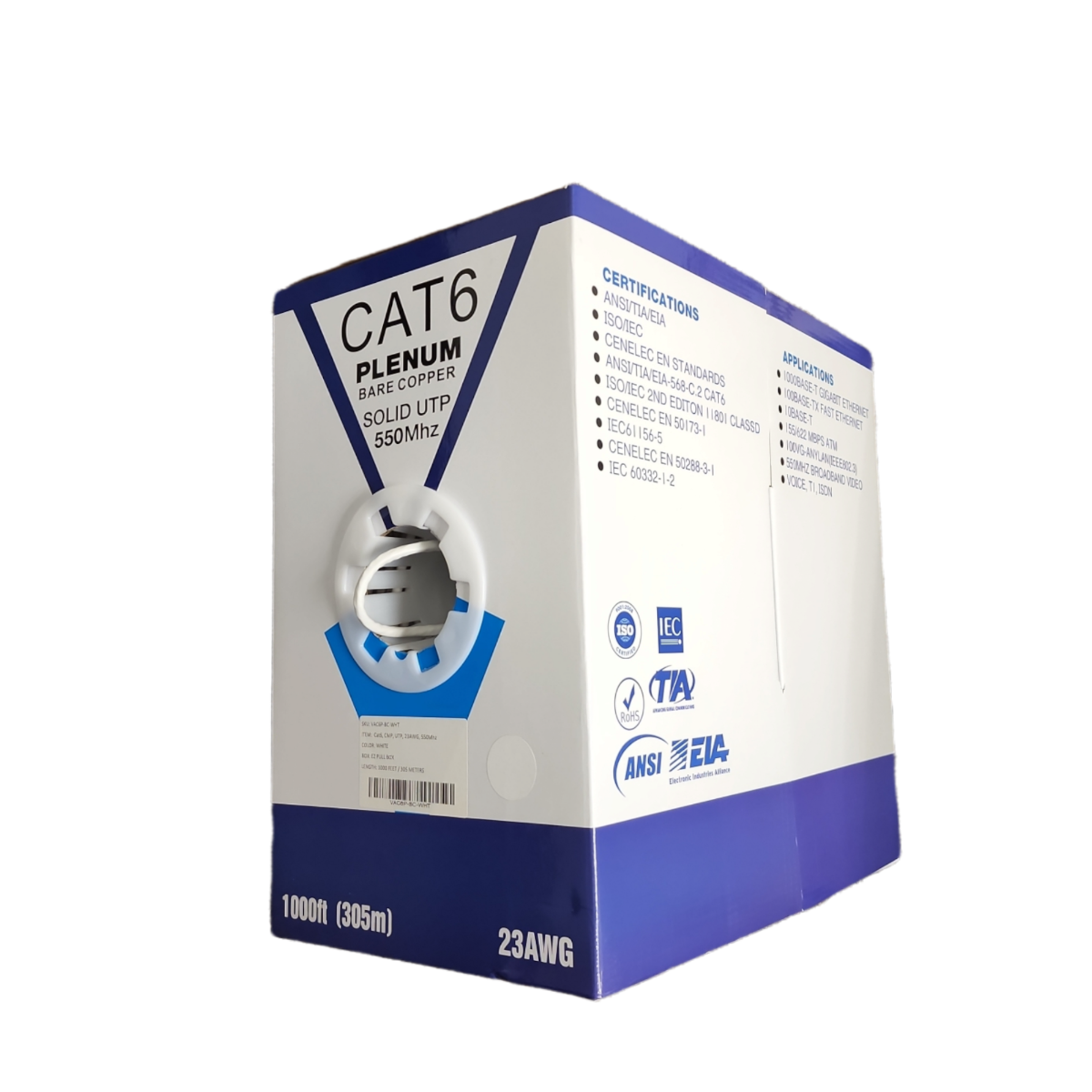 Cat6 Plenum 1000ft UTP Solid 100% Copper 23AWG, 550MHz Pull Box – White