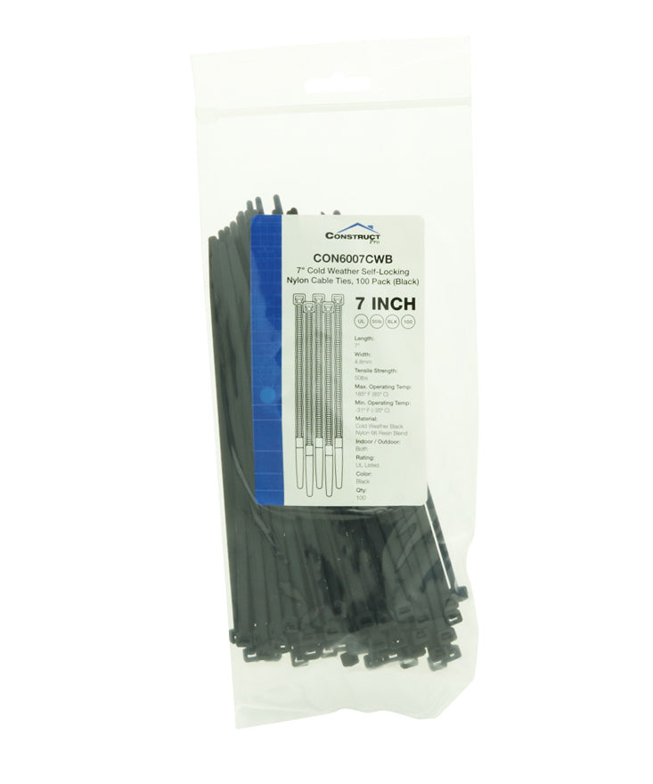 Construct Pro™ 7” Cold Weather Self-Locking Nylon Cable Ties, 100 Pack (Black)