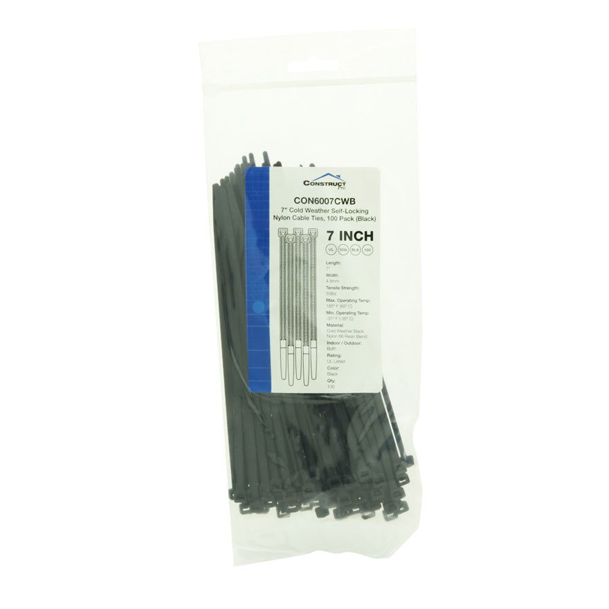 Construct Pro™ 7” Cold Weather Self-Locking Nylon Cable Ties, 100 Pack (Black)