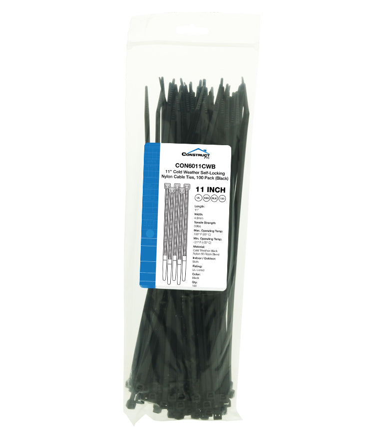 Construct Pro™ 11” Cold Weather Self-Locking Nylon Cable Ties, 100 Pack (Black)