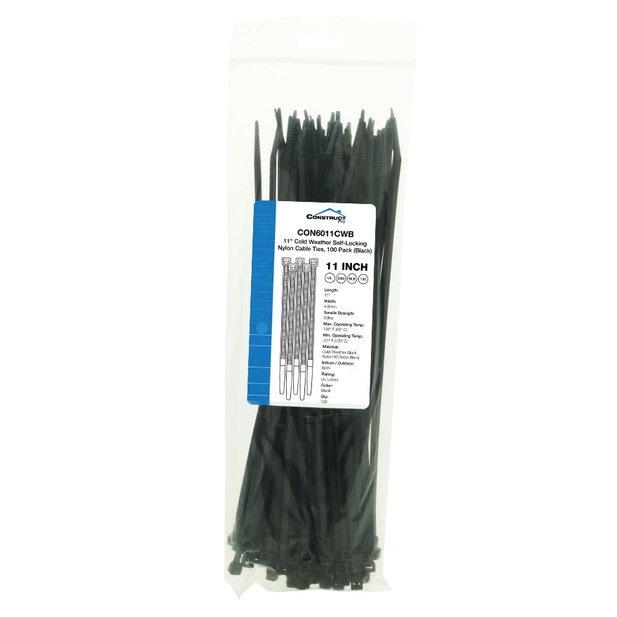 Construct Pro™ 11” Cold Weather Self-Locking Nylon Cable Ties, 100 Pack (Black)