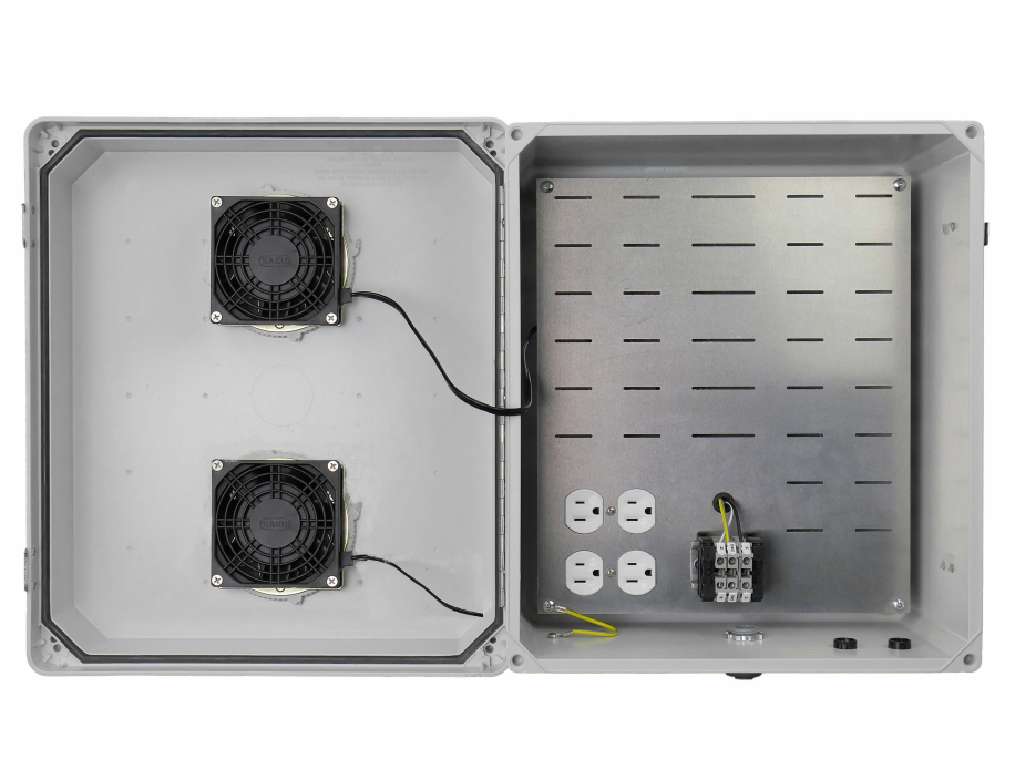 120 VAC 18x16x8 Inch Weatherproof Enclosure, Mounting Plate, Cooling