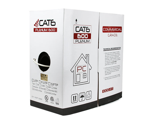 CAT6 Plenum Bulk Ethernet Cable, CMP, Solid Copper UTP, 23 AWG 1000FT 