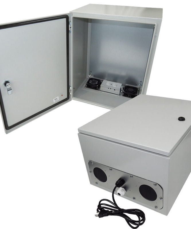 Steel Weatherproof NEMA Enclosure with Dual Cooling Fans, 120 VAC Outlets 20x16x12