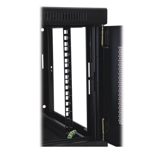Front and rear pairs of rails adjust in one-inch increments to fit standard rack equipment; rack spaces are numbered for easy reference.