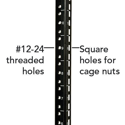 Square and threaded mounting holes and numbered rack spaces make equipment installation easy.