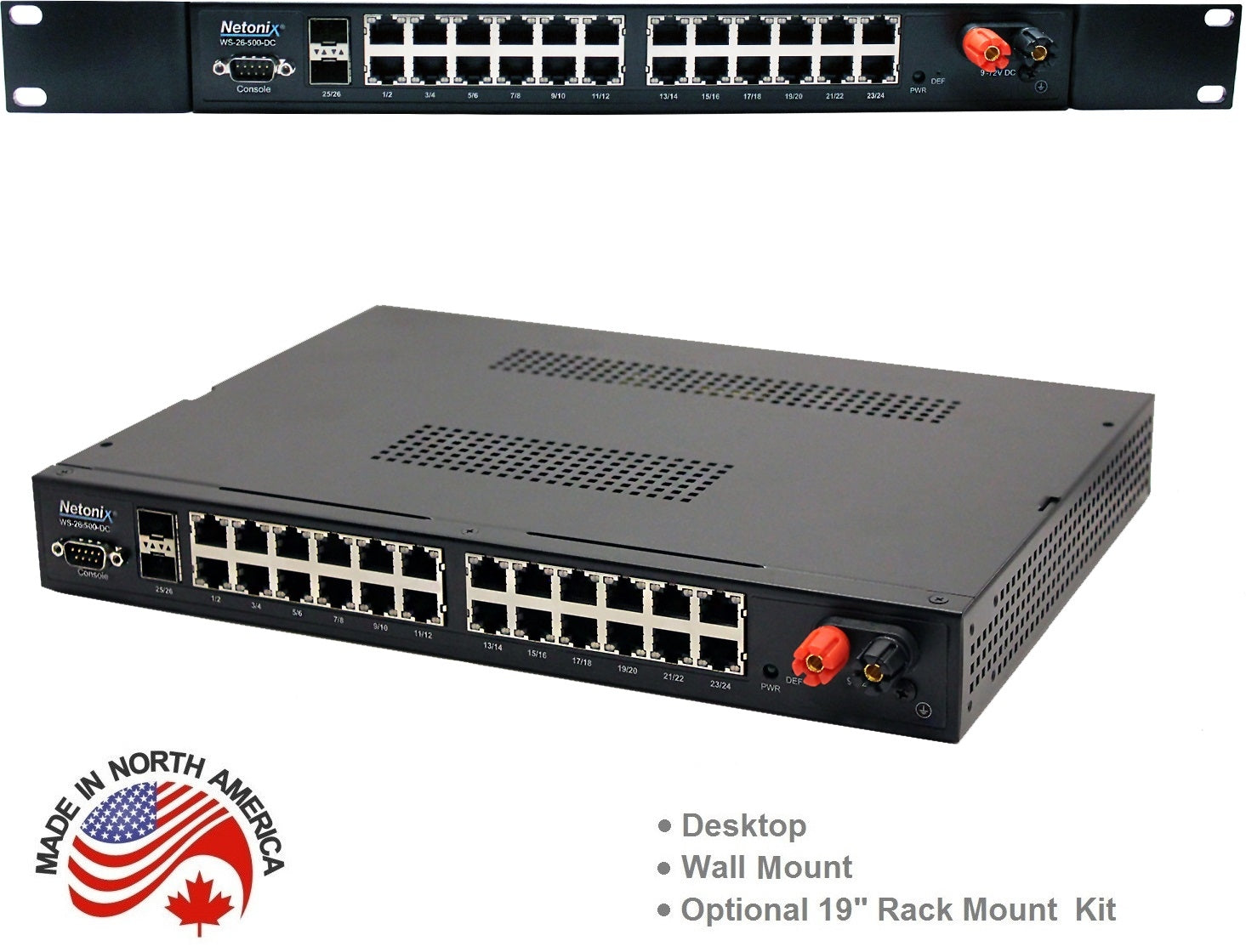 Netonix WS-26-500-DC 26-Port 500W SMART DC Power Gigabit Ethernet Passive PoE Switch, 2-Port SFP Uplink