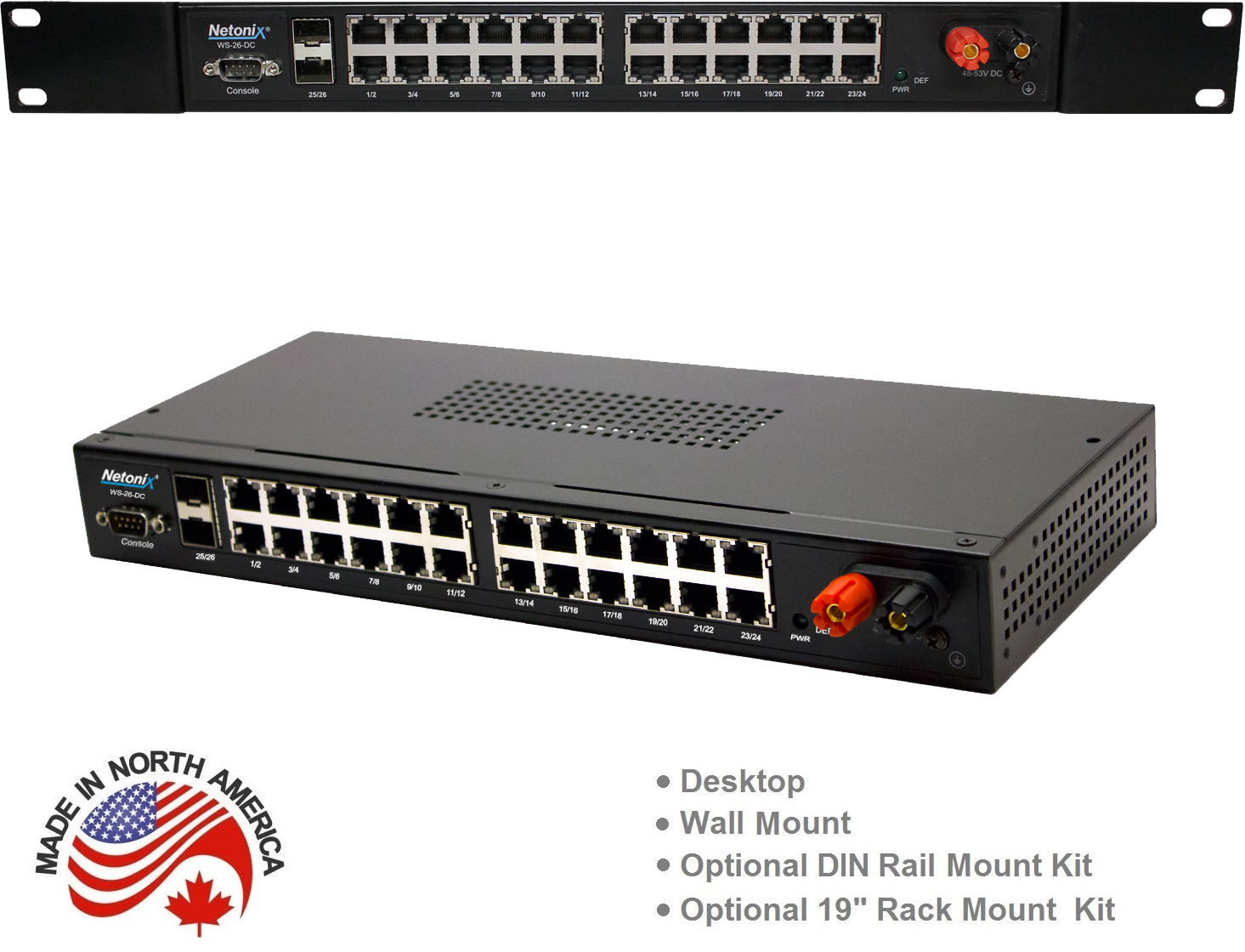 Netonix WS-26-DC 26-Port Gigabit Ethernet Passive PoE Switch, Conditioned DC Power, 2-Port SFP Uplink